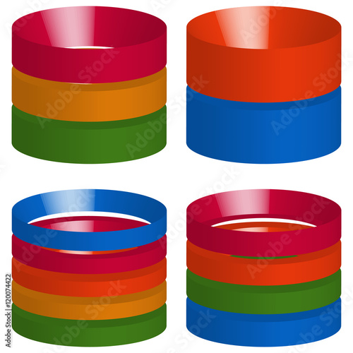 Multicolor segmented 3d cylinders, cylinder icons. Elements for