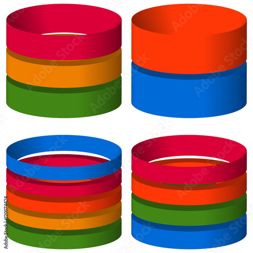 Multicolor segmented 3d cylinders, cylinder icons. Elements for