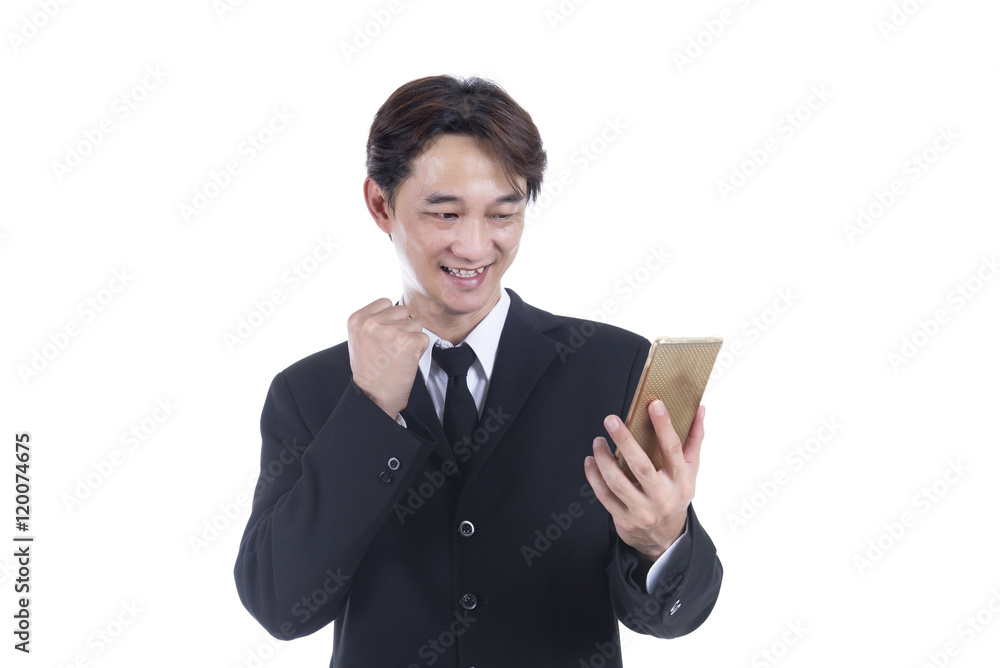 Young Asian businessmen who view a casting with a smart phone. H Young Asian businessmen who view a casting with a smart phone. H