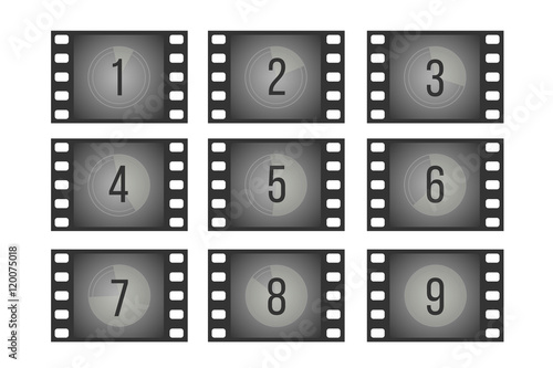 Old cinema film countdown movie frames with numbers vector set