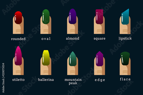 Different nail shapes and polish colors vector icons