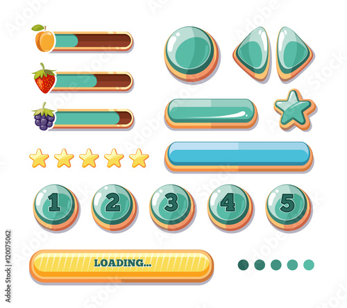 Progress bars, buttons, boosters, icons for computer games user interface. Vector collection