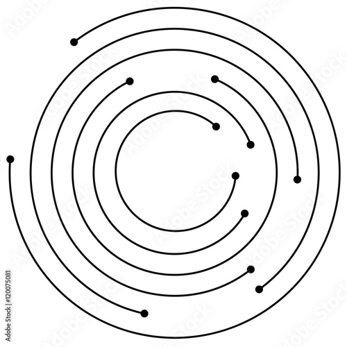 Random concentric circles with dots. Circular, spiral design ele
