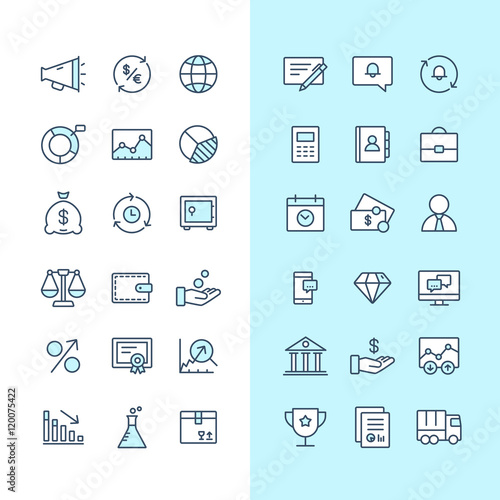 Set of blue and white business icons isolated on light background.