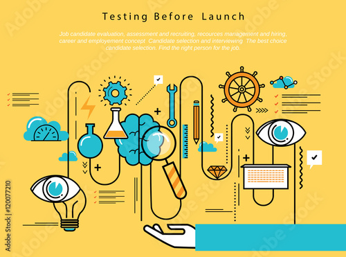 Line flat vector business design and infographic elements for website design process, application development, analysis, concept and strategy, designing and testing, optimization and launching.
