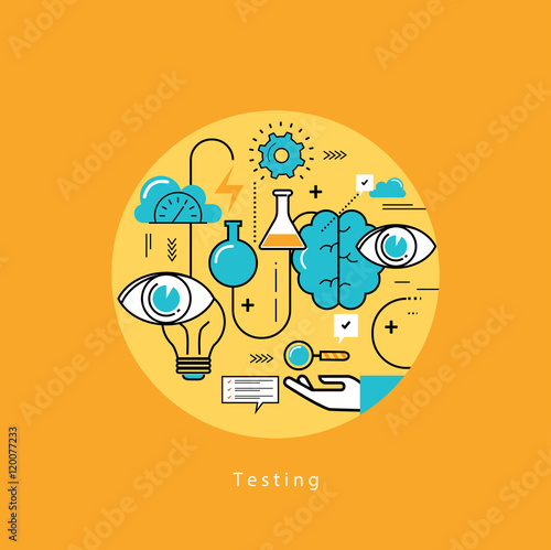 Line flat vector business design and infographic elements for website design process, application development, analysis, concept and strategy, designing and testing, optimization and launching.