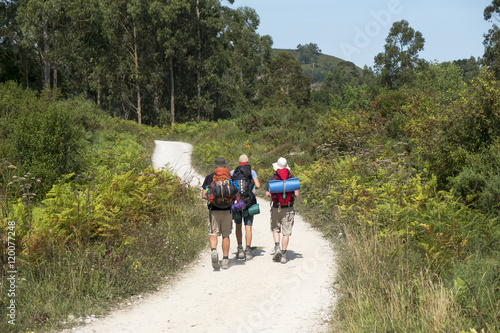Three young pilgrims doing the camino of Santiago in Asturias, S
