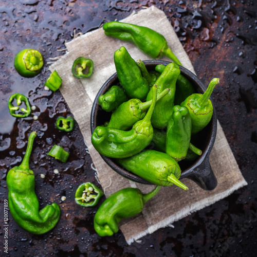 Raw green peppers pimientos de padron traditional spanish tapas photo