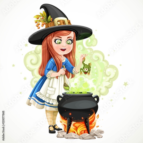 Cute little girl dressed as a witch throwing frog in the cauldro