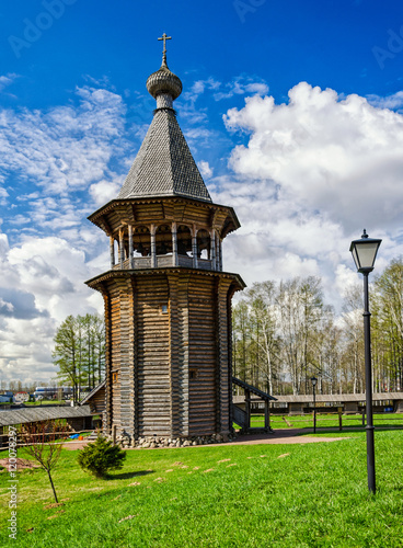 Saint Petersburg suburbs, Russia, May 4, 2015. Bogoslovka manor complex. The wooden bellfry. photo