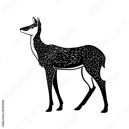 One color illustration of a doe in lithography style.