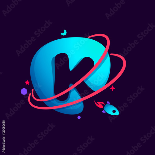 Letter K logo with planet, rocket and orbits lines.
