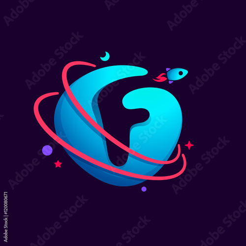 Letter F logo with planet, rocket and orbits lines.
