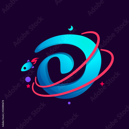 Letter D logo with planet, rocket and orbits lines.