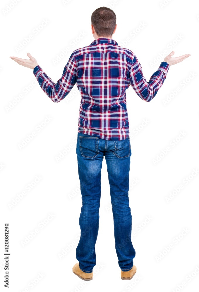 Back view of angry young man in jeans and checkered shirt. Rear view. isolated over white. backside view of person. Rear view people collection. Isolated over white background. Back view of angry young man in jeans and checkered shirt. Rear view. isolated over white. backside view of person. Rear view people collection. Isolated over white background.