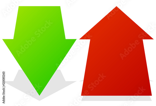 Set of 3d up down arrows in perspective. Green, red arrows.