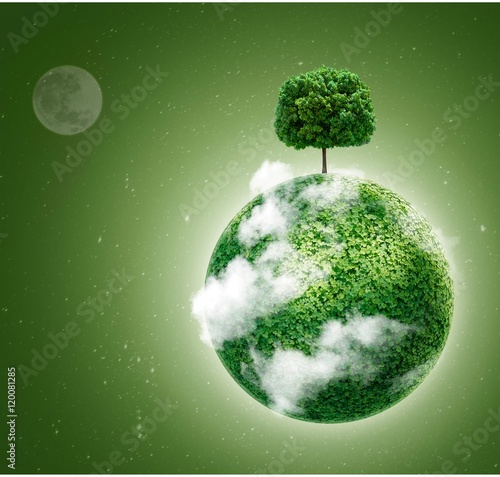 Green planet. Ecology concept. Green planet earth with a tree on  background of space . Go green. 