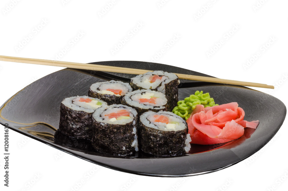 Japanese sushi made with rice, fish and seaweed with ginger and wasabi Japanese sushi made with rice, fish and seaweed with ginger and wasabi