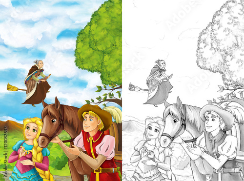 Cartoon scene with young man walking in some garden - handsome man - beautiful manga girl - witch is flying over them - with coloring page - illustration for children