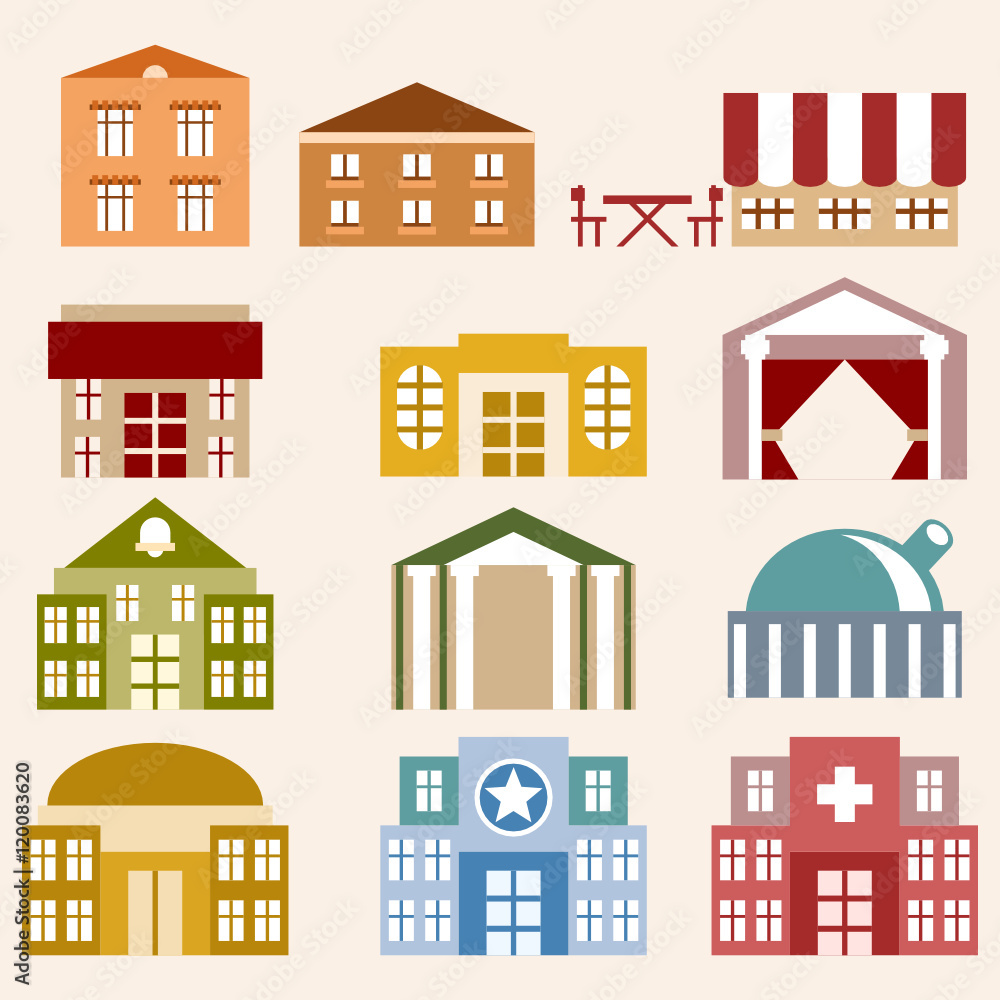 colorful buildings simple icon set