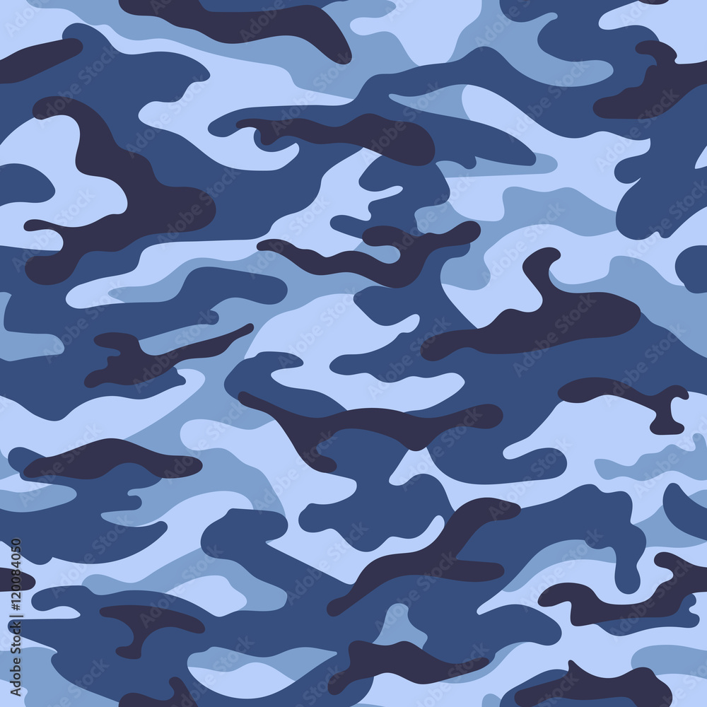 Military camouflage seamless pattern, blue color. Vector illustration - obrazy, fototapety, plakaty 
