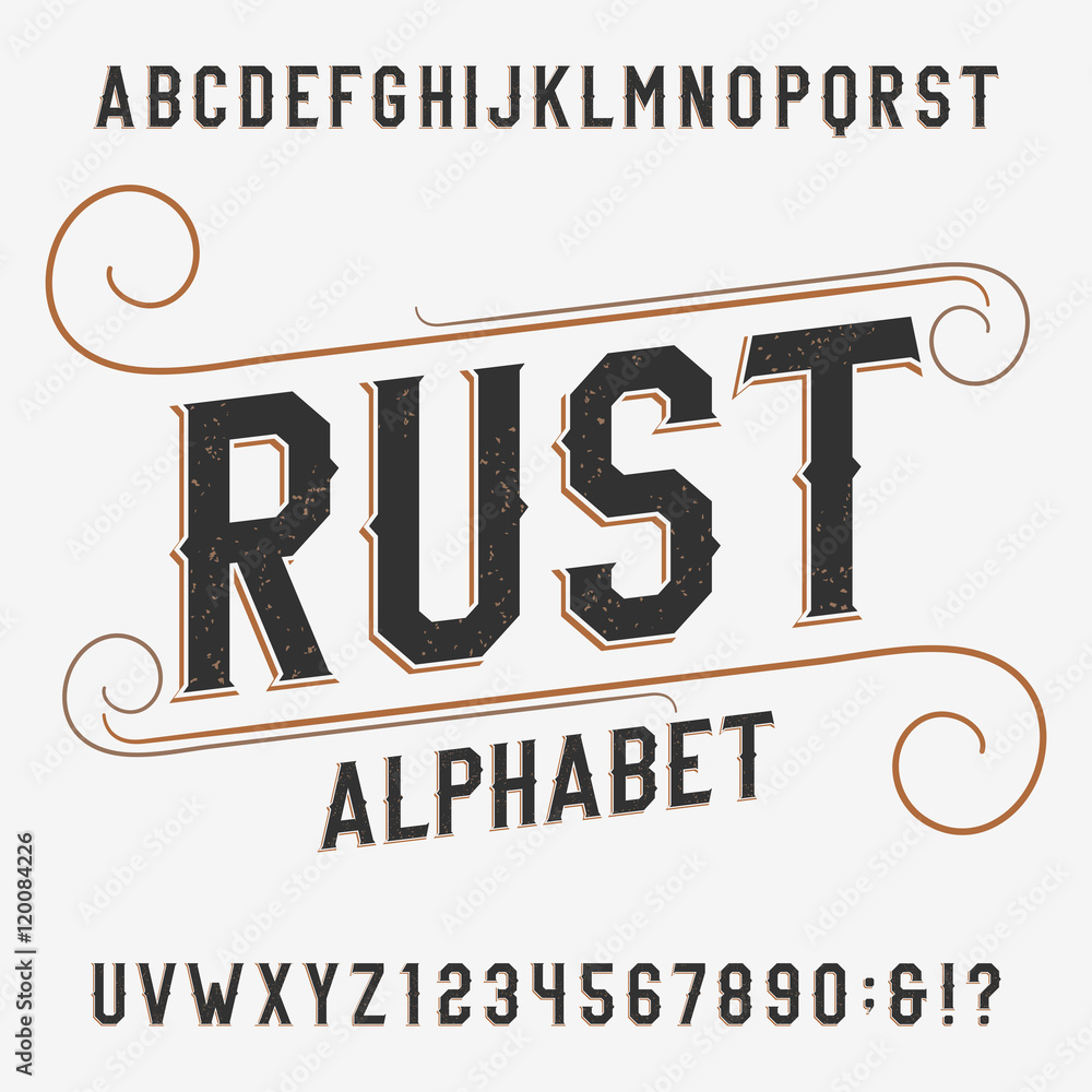 Vintage rust alphabet font. Distressed effect letters and numbers on a bright background. Retro vector typeface for labels, flyers, headlines, posters etc.