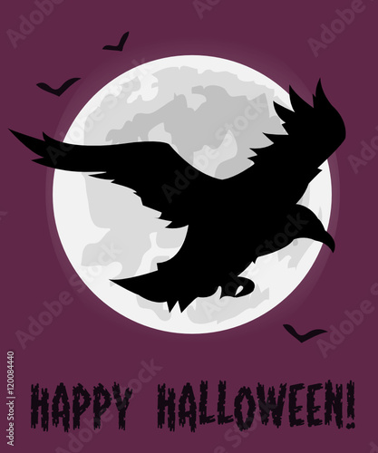 happy halloween poster raven fly moon