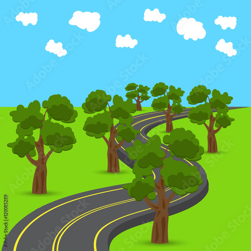 Highway receding into the distance in the animated style. Green oak trees on the edges of the road. illustration