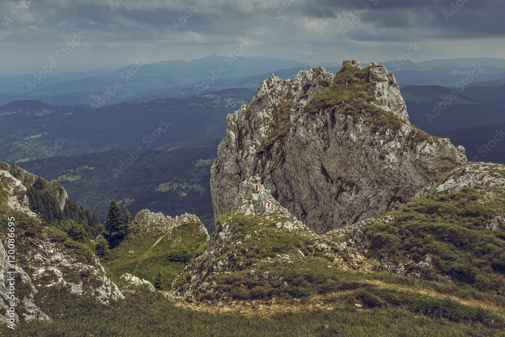 Naklejka premium Hiking trails up in the Piatra Mare Mountain, Romania.