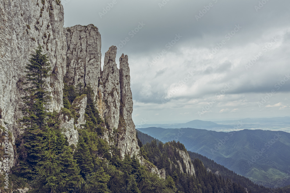 Alpine scenery with steep vertical rock cliff on a cloudy day in Piatra Mare Mountain, Romania