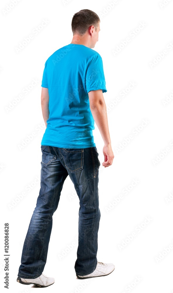 Back view of walking handsome man in t-shirt. going young guy in jeans Rear view people collection. backside view of person. Isolated over white background. Back view of walking handsome man in t-shirt. going young guy in jeans Rear view people collection. backside view of person. Isolated over white background.