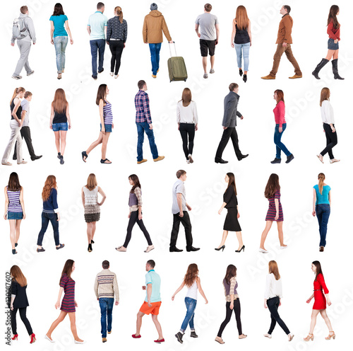 collection back view of walking people . going people in motion set. backside view of person. Rear view people collection. Isolated over white background.