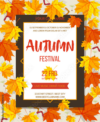 Autumn festival background. Invitation banner with fall leaves. Vector illustration