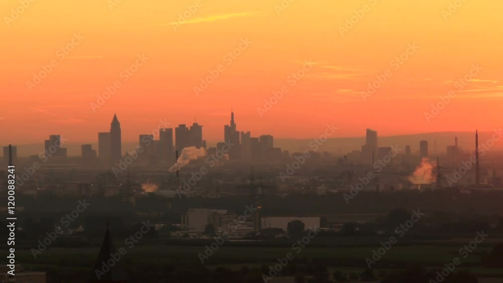 Frankfurt Skyline against red sky at dawn Frankfurt Skyline against red sky at dawn