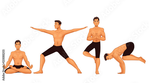 Set with handsome young man in various poses of yoga, cartoon style vector illustration isolated on white background. Fit and strong young man doing yoga, collection of asanas, healthy lifestyle