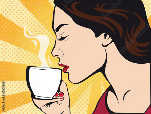 Girl with Cup of coffee pop art retro style. Restaurants and coffee shops. A hot beverage. Courage love and care.