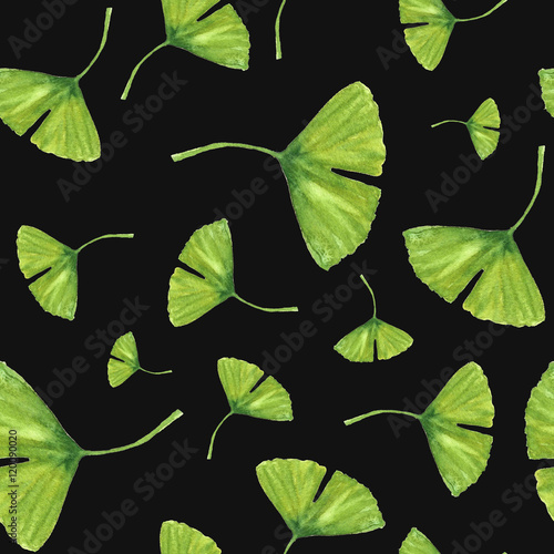 Hand-drawn watercolor seamless pattern with fresh green leaves. Dark repeated pattern for wallpapers or the textile print.
