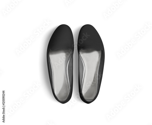 Black blank women shoes mockup stand isolated, top view, clipping path. Female ballet foot wear design mock up with clear insole. Clean lady footwear template wth flat slip. Dance girls shoe display.