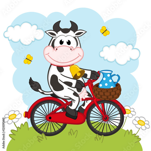 cow riding a bicycle with milk - vector illustration, eps