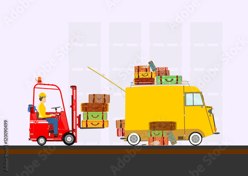 Retro forklift and van with suitcases. Flat vector