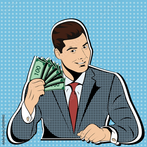 Rich with wads of dollars. The business concept of financial success pop art retro style