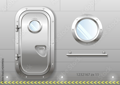 The door and window of the ship polishing metal. Perhaps the door compartment of the submarine or laboratory bank. Armor. Vector graphics