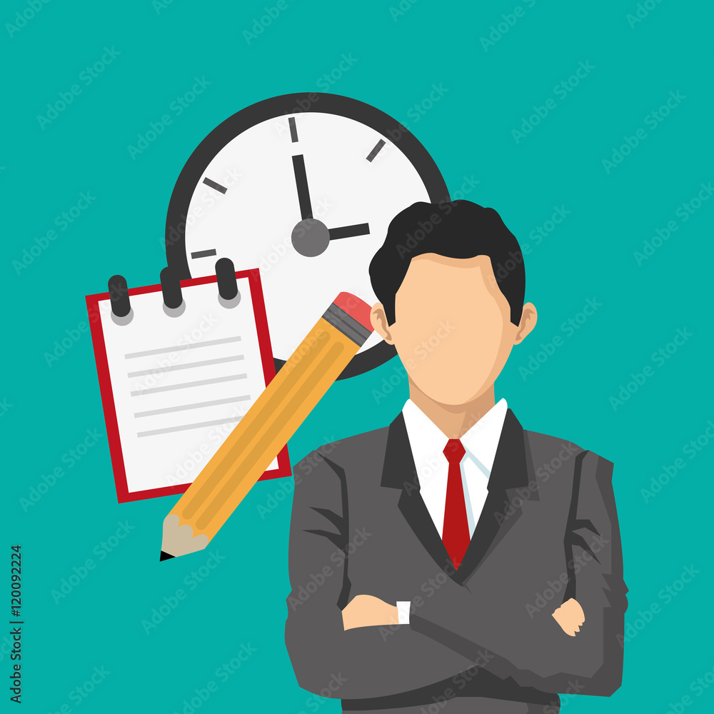 businessman with notepad pencil and clock office related items businessman with notepad pencil and clock office related items
