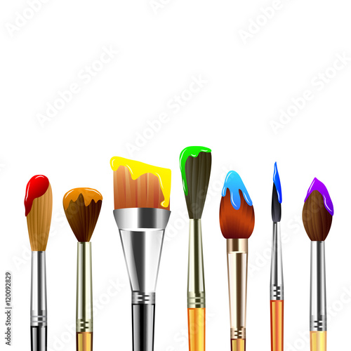 Art tools and white grunge stripe on blue background