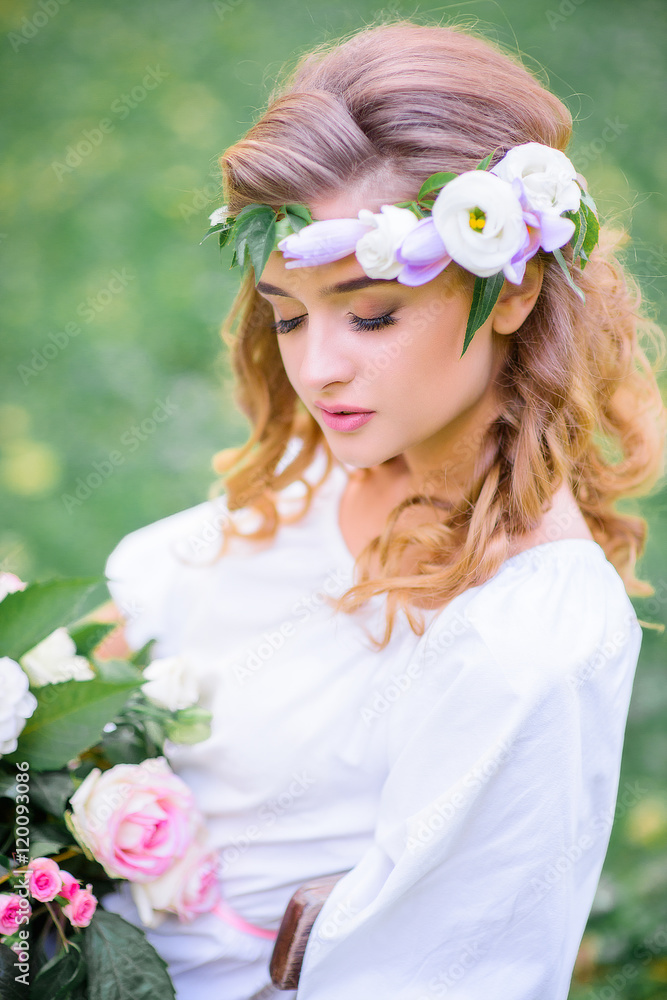 Naklejka premium Beautiful bride with a gorgeous bouquet of fresh air