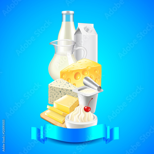 Dairy products on each other and blue ribbon for text, blue background