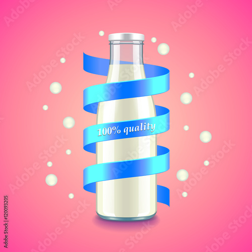 Milk bottle with blue ribbon high quality on pink background