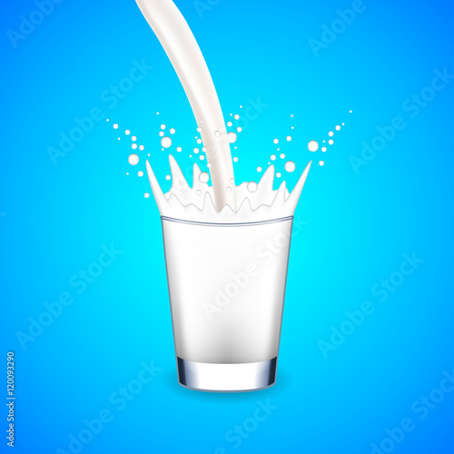 Pouring milk into glass on blue background