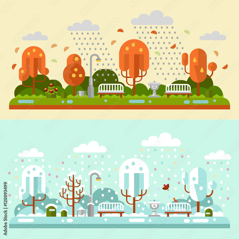 Flat design vector nature winter and autumn landscapes illustrations of park. Including bench, lantern, fountain, rain, puddle, birds, leaf fall, snowfall, snow, trees, bush. Flat design vector nature winter and autumn landscapes illustrations of park. Including bench, lantern, fountain, rain, puddle, birds, leaf fall, snowfall, snow, trees, bush.