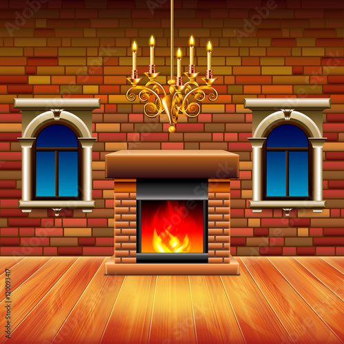 Vintage interior with wooden floor and fireplace